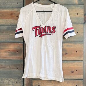 Nike White Minnesota Twins V-Neck Short Sleeve Tee with Red & Navy Accents